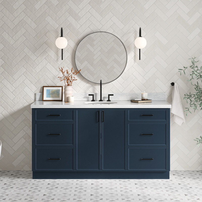 ARIEL Kelly 49 Single Sink Bathroom Vanity with Italian Carrara Marble Top, Midnight Blue, 67"