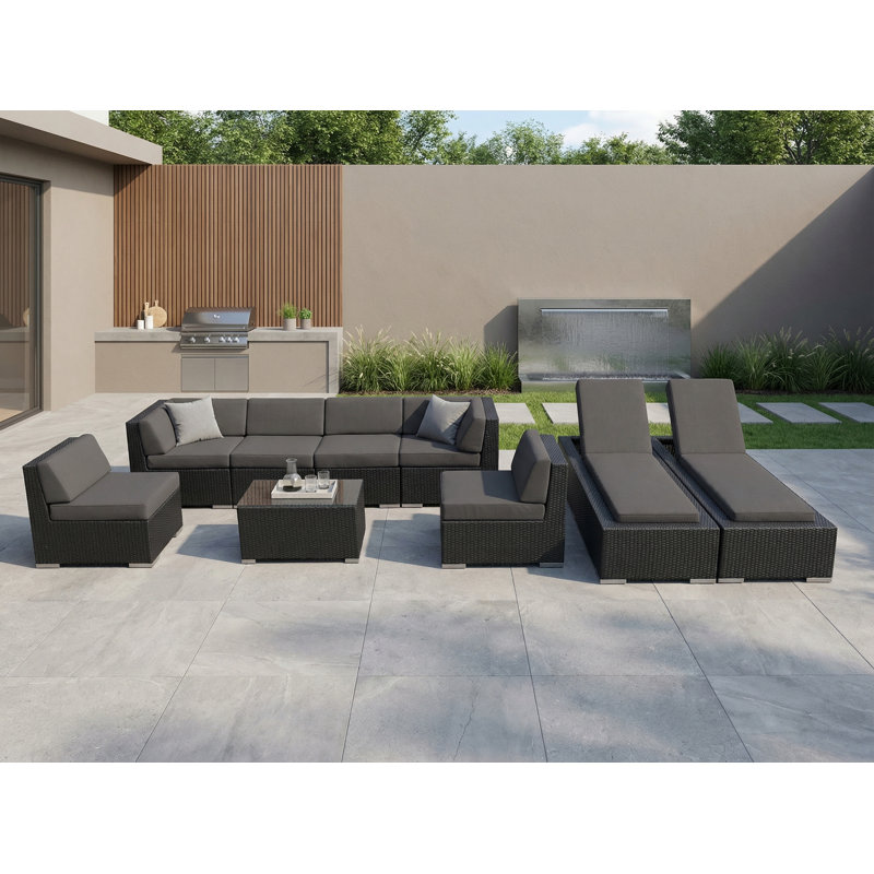 Ensemble de conversation modulaire en rotin avec coussins 9 pièces Barna - aucun assemblage requis, Noir