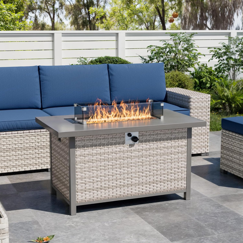Outdoor Wicker Gas Fire Table, 43 Inch 50,000 Btu Patio Propane Gas Fire Pit W Metal Tabletop,glass Wind Guard,dust Cover