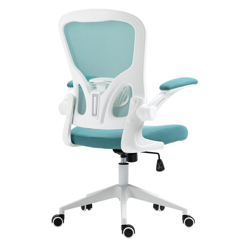 Modern Ergonomic Mid Back Mesh Office Chair with Adjustable Lumbar Support and Flip-Up Arms, White/Light Blue