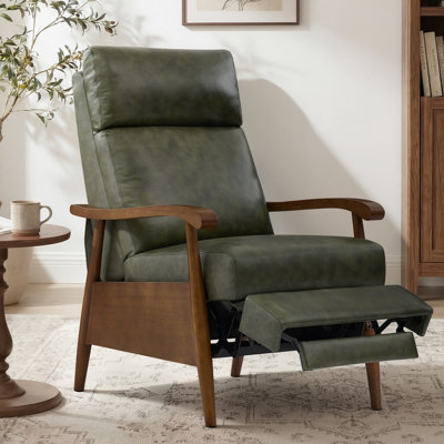 Fauteuil inclinable en cuir véritable avec accoudoirs en bois massif, fauteuil inclinable moderne à dossier haut Mid Century, fauteuil inclinable manuel réglable à 3 positions pour la chambre à coucher et le coin lecture