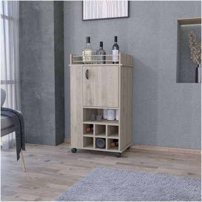 Chariot-bar Farson avec 2 tablettes latérales, 6 casiers à vin encastrés et roulettes