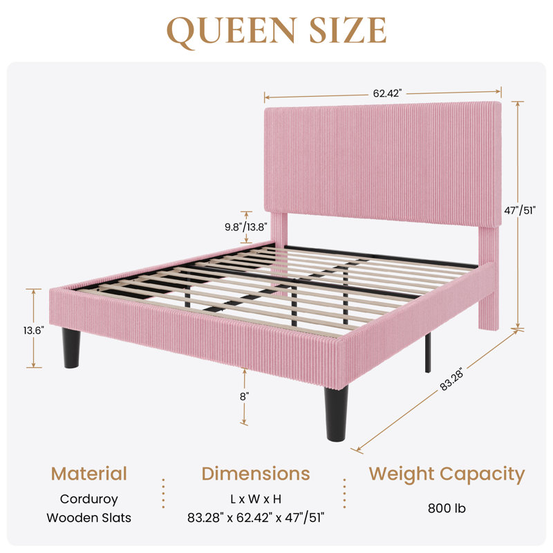 Modern Corduroy Platform Bed With Adjustable Headboard,Maximize Space With Under-Bed Storage,No Box Spring Required, Queen