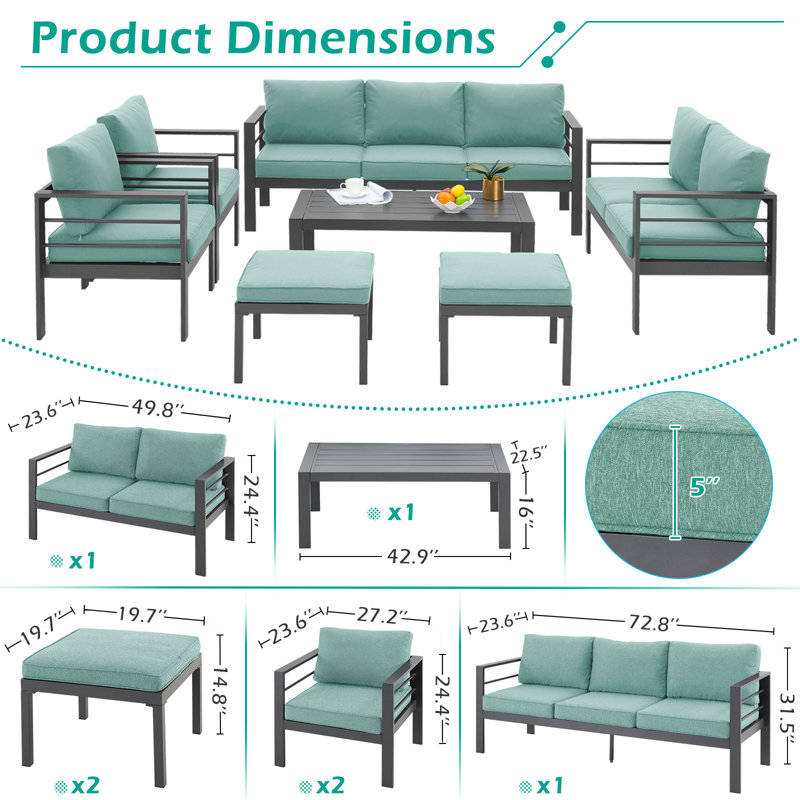 Charlsa Metal 9 - Person Seating Group with Cushions, Green Cushion/Black Frame