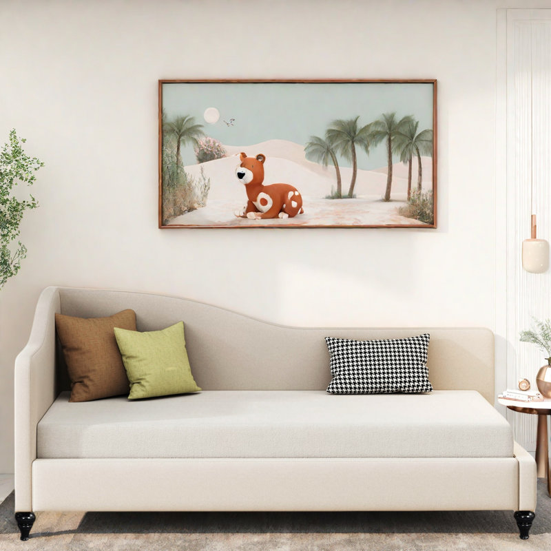 L-shaped Linen Daybed With Solid Wood Legs, Twin, Beige
