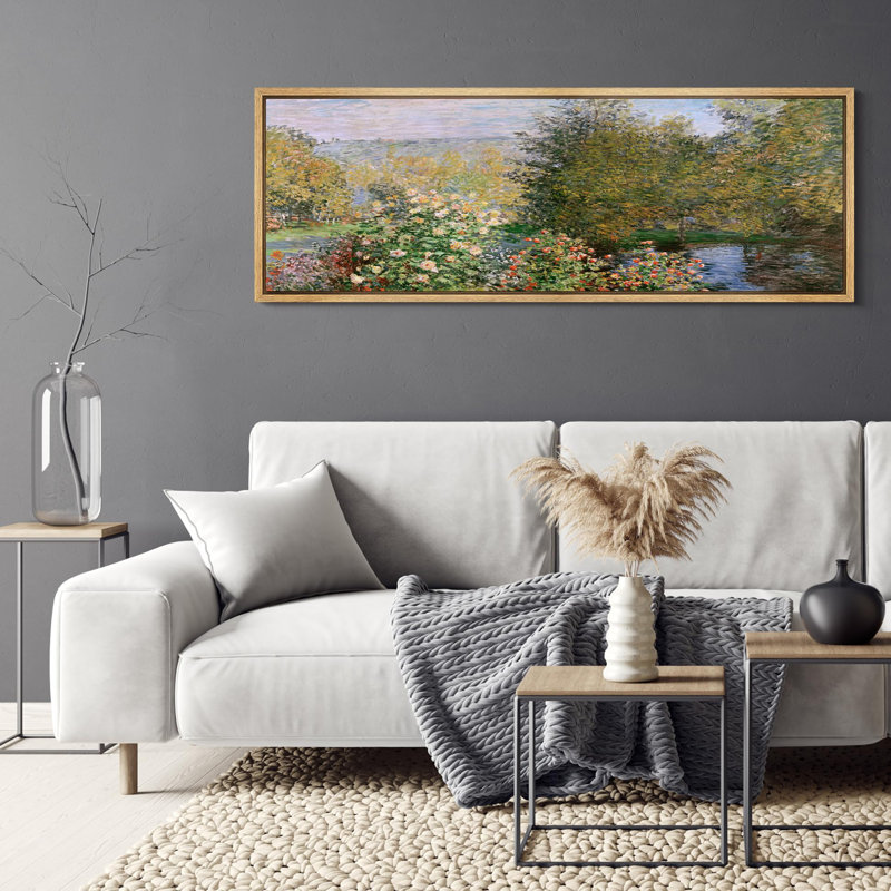 «Blooming Riverside Garden Floral Landscape Antique Antique Fine Art Art», reproduction d'art colorée, H 20 po x l 60 po
