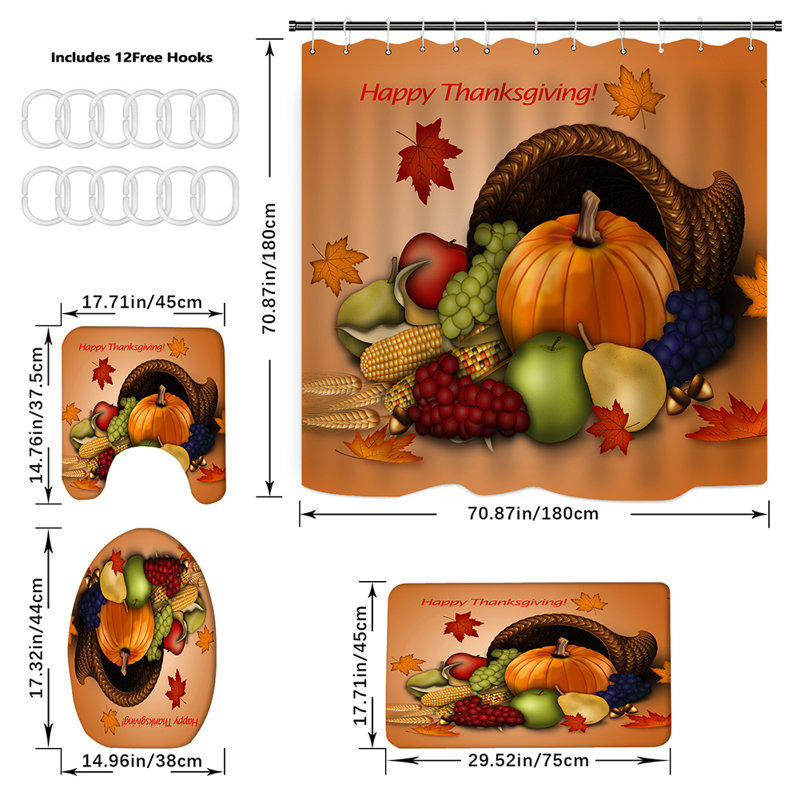 Ensemble de rideau de douche Thanksgiving 72 x 72 pouces, ensemble de 4 pièces en polyester