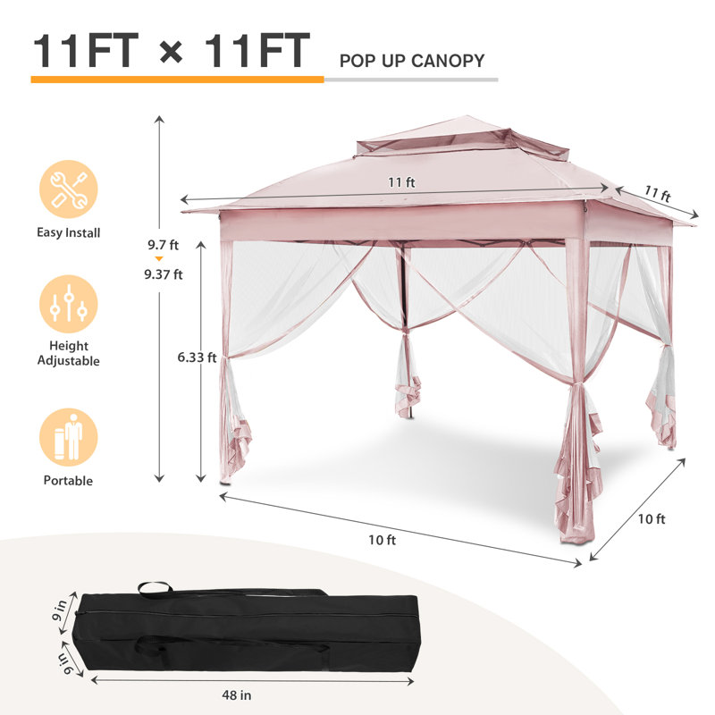 11 Ft. W x 11 Ft. D Outdoor Pop Up Soft Top Steel Patio Gazebo with Netting, Pink