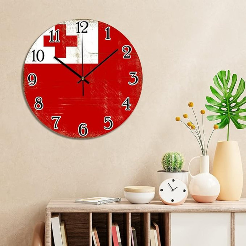 Horloge murale Tonga Drapeau Tonga PVC Home Decor Horloges murales Drapeau national Horloges murales patriotiques Horloge ronde silencieuse à piles pour la cuisine Chambre Bureau 12 X 12 po