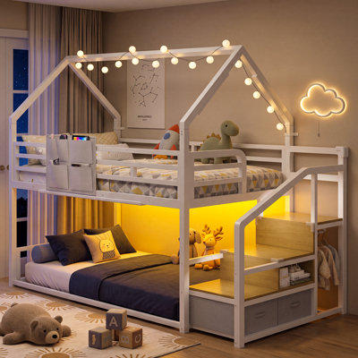 Loft Bed  House for Kids With Drawers And Guardrail, Bunk Beds With Storage and Stairs, Easy Assembly, Non Toxic，Bookshelf