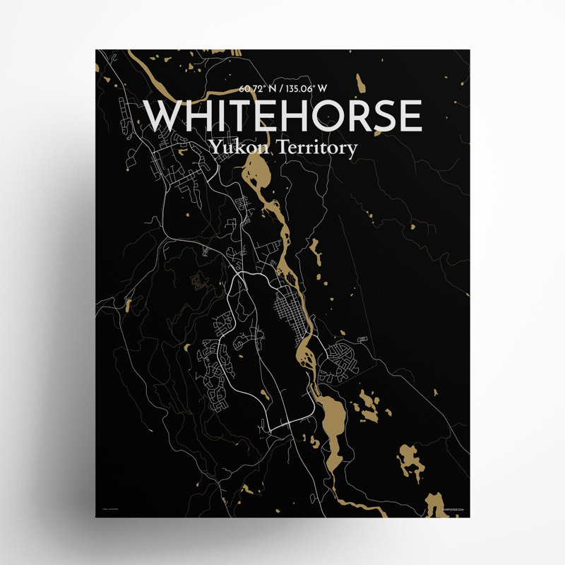 «Whitehorse City Map», impression, H 20 po x l 16 po, Noir et or