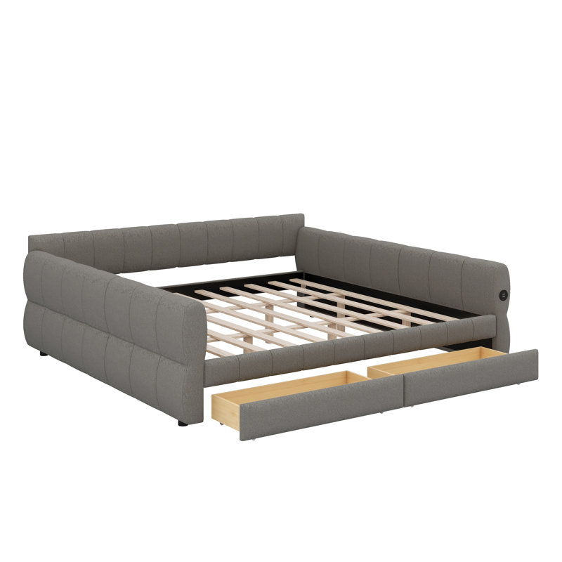 Smart Upholstered Platform Bed Featuring USB Ports and Convenient Drawers, Gray