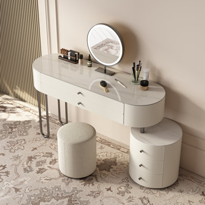 Jahnea Vanity-Elegant Set: Saddle Leather-Finished Slate Top Vanity Table & Stool, Stainless Steel Support, Reversible Installation, and Dimmable LED Mirror
