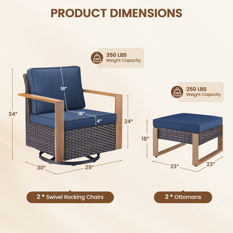 Ensemble de conversation d'extérieur 4 pièces avec chaises berçantes et repose-pieds en osier Twellwell, Bleu, Brun