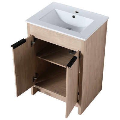 24" Bathroom Freestanding Cabinet Vanity, Soft-Close Doors, Oak Finish, Plywood, Adjustable Shelves For Stunning 2 Oak, Captivating Storage