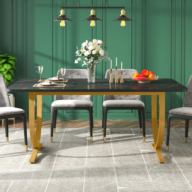 Julianah Unfinished Metal Base Dining Table, Marble Black, Gold