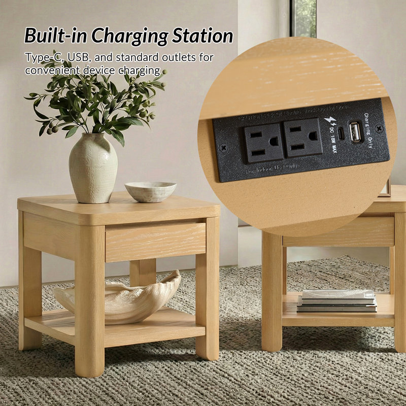 Waynesville 21.75"H Modern Farmhouse Solid Wood Legs End Table with Drawer and Charging Station, Natural