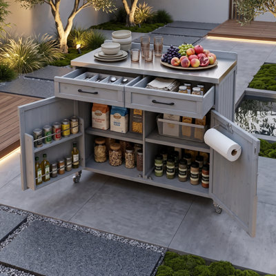 Solid Fir Wood Outdoor Kitchen Cart with Stainless Steel Prep Top, Drawer, Adjustable Shelves and Storage Racks
