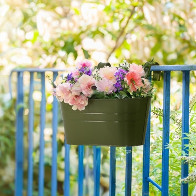 3 Pack Metal Railing Planters, 10.5" Oval Hanging Flower Pots With Detachable Hooks & Drainage Holes, Fits Rails Up To 2.36", Galvanized Iron Fence Bucket- Green