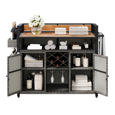 52.8"W Wicker Outdoor Grill Cart with Extended Plastic Wood Table Top, Rolling Kitchen Island on Wheels with Storage Cabinet, for Patio Backyard Garden Poolside, Double Handle Design, Grey