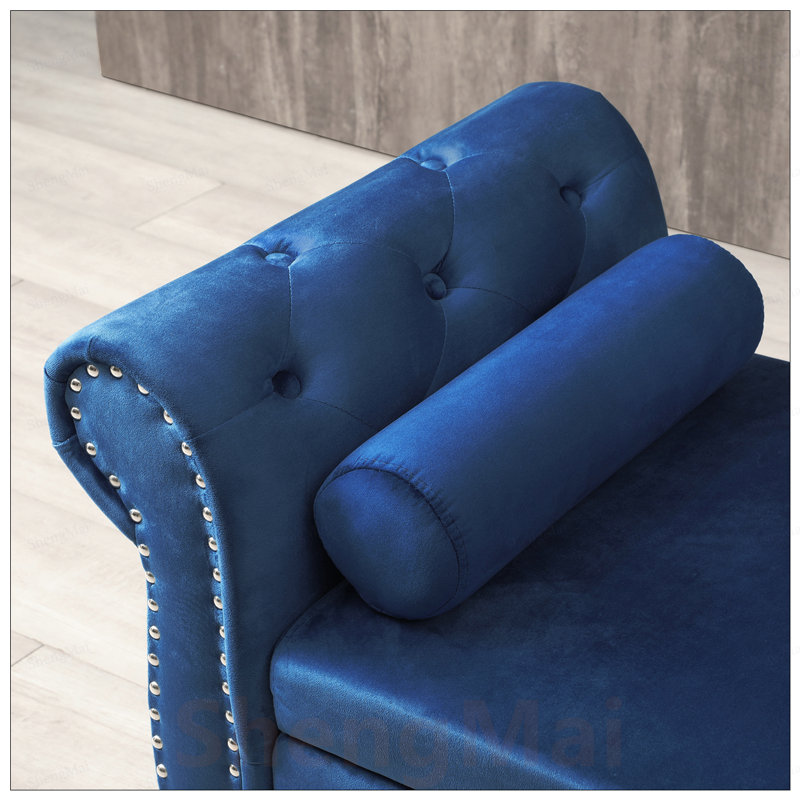Banc de rangement multifonctionnel en velours avec boutons Aijia, Blue, Blue