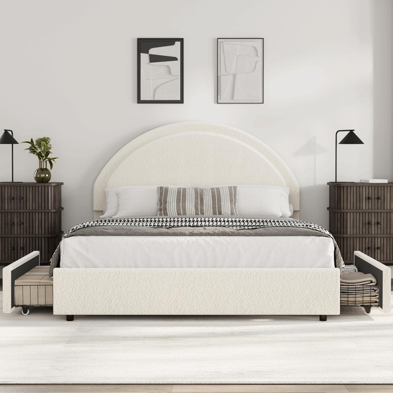 Modern Boucle Upholstered Platform Bed Frame with 2 Storage Drawers - Rounded Headboard - Sturdy Wooden Slats - Noise-Free - No Box Vernal Needed