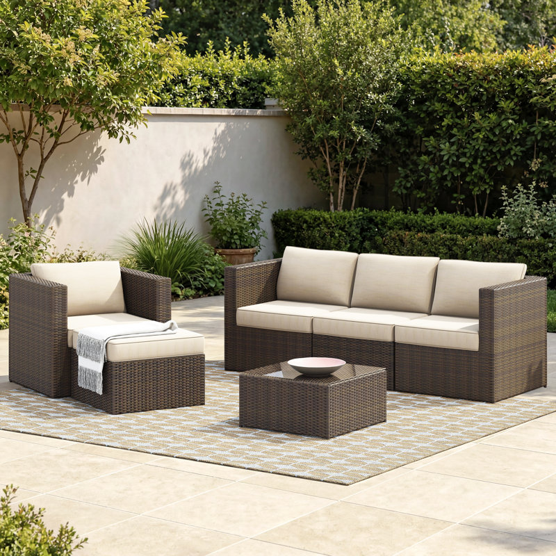Baecher 6 Piece Rattan Sectional Seating Group with Cushion (Fully Assembled), Beige/Brown