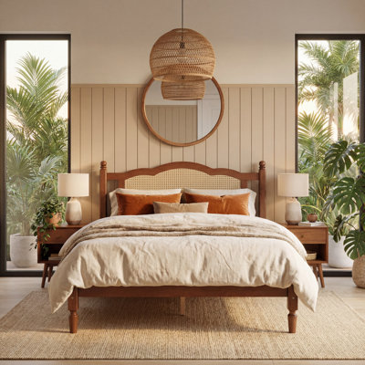 Mid-Century Walnut Wooden Bed Frame, Breathable Woven Rattan Headboard Platform Bed with Sturdy Wood Slat Support