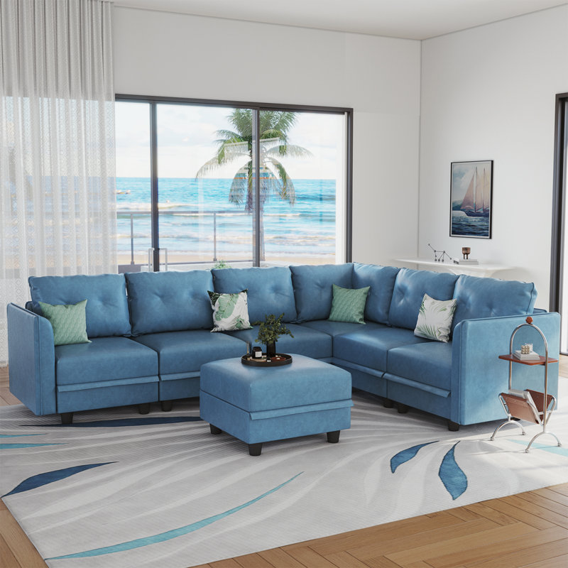 Kosuke Upholstered L-Shaped Sectional, Sky Blue Polyester Blend