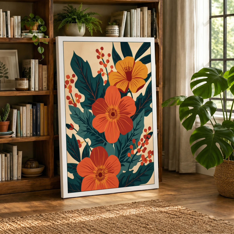 Orange Blooms & Teal Art Deco - Wrapped Canvas, 30x20 - 76.2 x 50.8 cm, Black Border