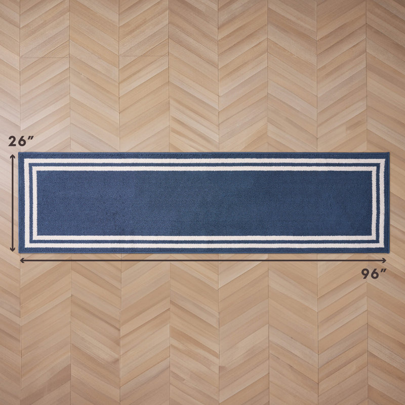 Laura Ashley Debbie Double Border Two-Tone Machine Washable All Loop Tufted Rugs, Runner 2'2" x 8', Dusty Navy/Natural