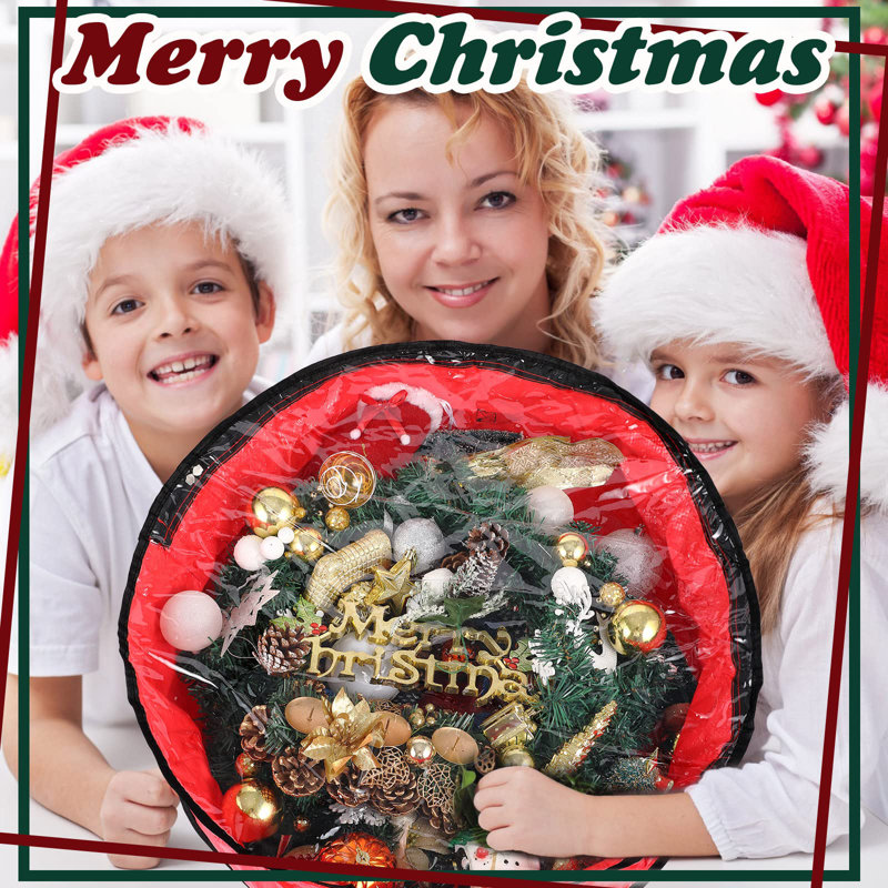 Red and Green Tear Resistant Fabric Christmas Wreath Storage Bags with Clear Window