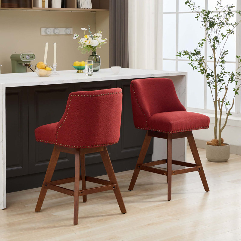 Rolland Counter Height Swivel Barstools, 26'' H Seat Height Upholstered Bar Stools Set of 2, Wine Red