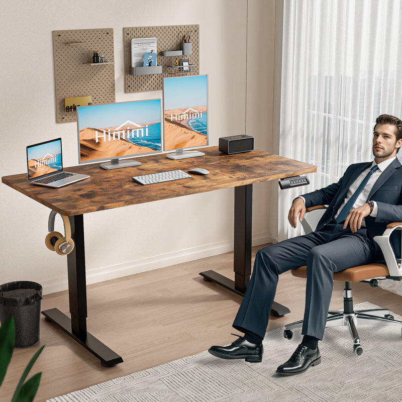 Bureau debout électrique à hauteur ajustable avec 2 crochets, 4 roulettes verrouillables, 1 tapis de souris, Brun / noir 