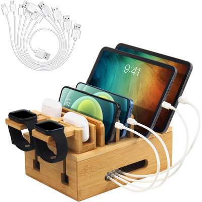 Bamboo Charging Stations For Multi Devices, Wood Desktop Docking Station Charger Organizer For Cell Phones, Tablets, Earphones