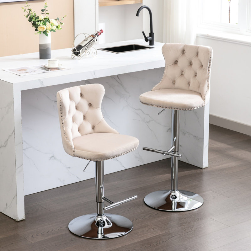 Siège réglable de 25 à 33 pouces de hauteur en velours beige, pivotant à 360 °, pour la maison et la cuisine de pub de 2 tabourets de bar en velours avec dossier d'une hauteur de 25 à 33, cuisine confortable, 2