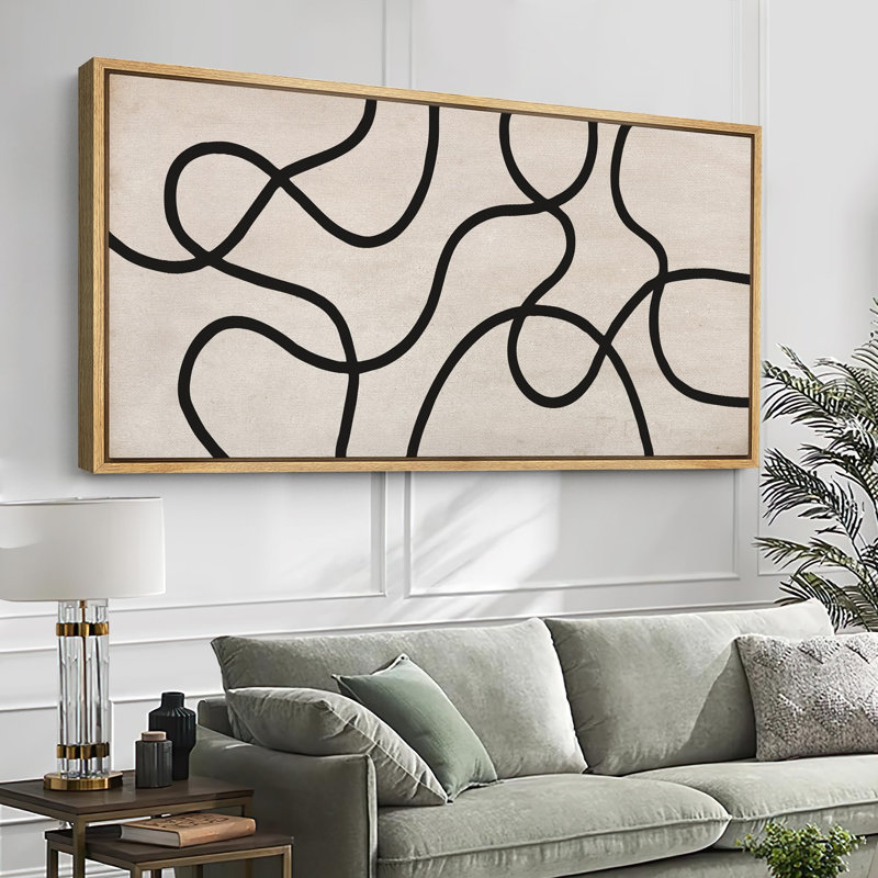 Black Abstract Lines on Beige Modern Art, 30" H x 60" W, Natural