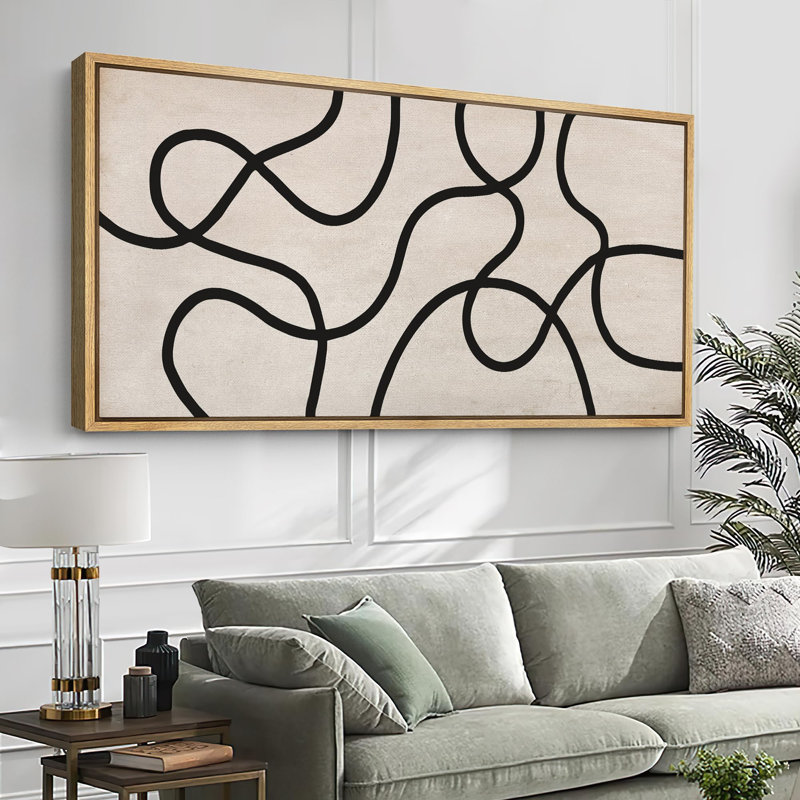 Lignes noires abstraites sur art moderne beige, H 30 po x l 60 po, Naturel