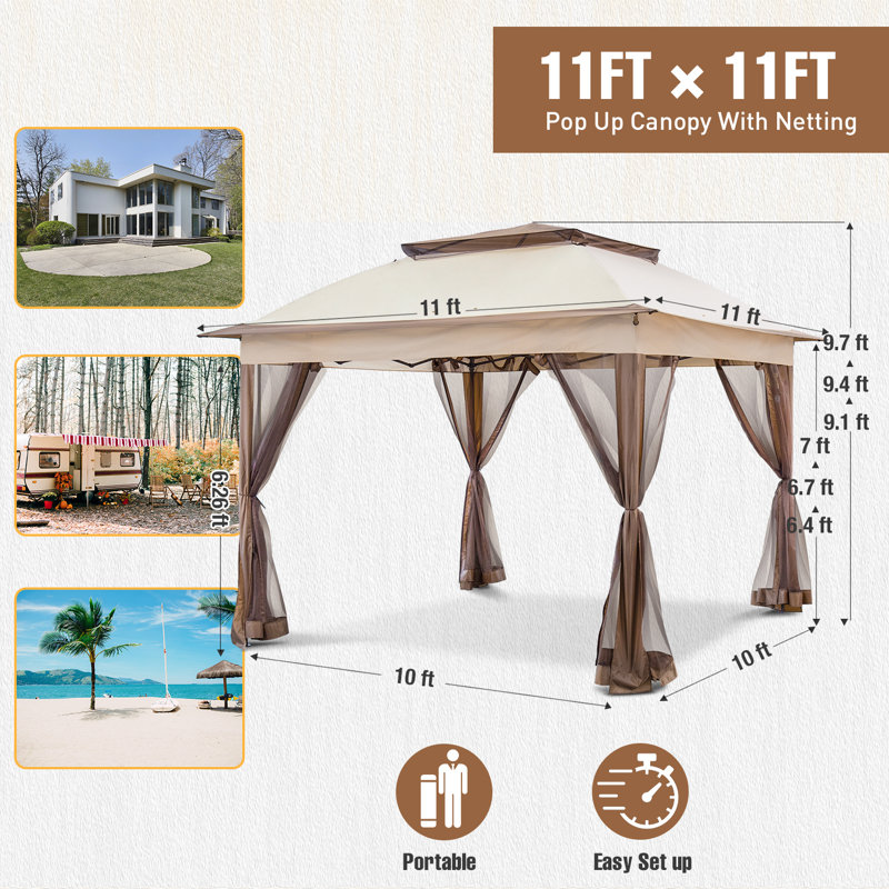Beige Steel Pop-up Patio Gazebo with Mesh Walls, 11x11 Feet