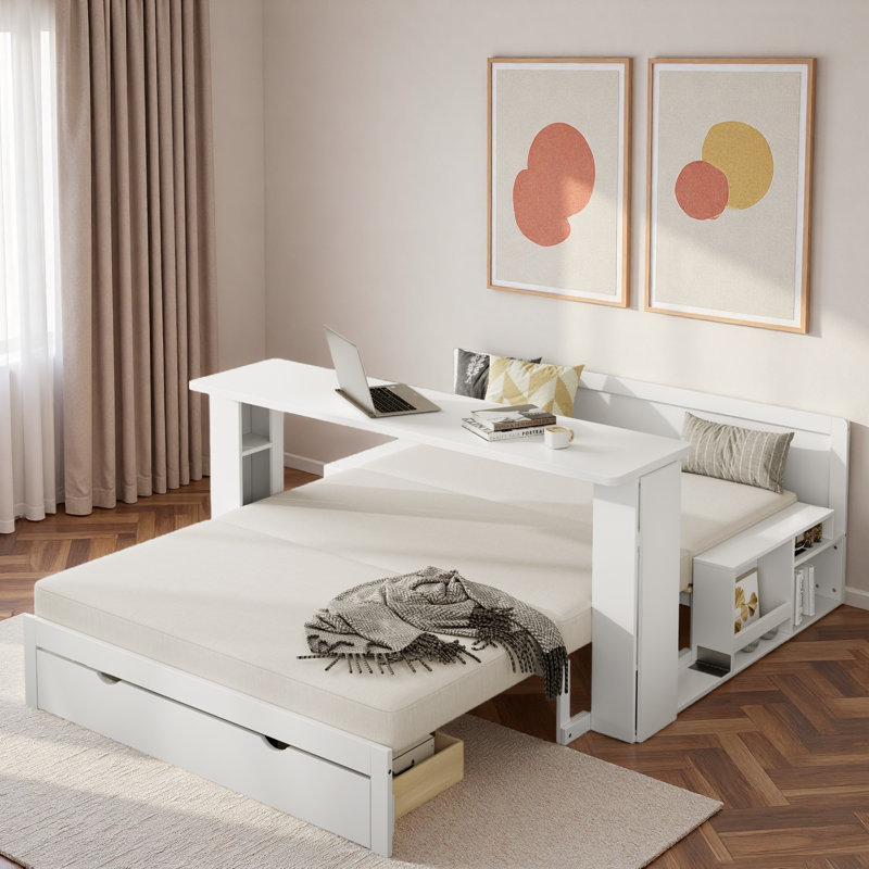Multifunctional Daybed With Storage Drawer, Open Compartments And Hydraulic Side Table, Full/Double, White