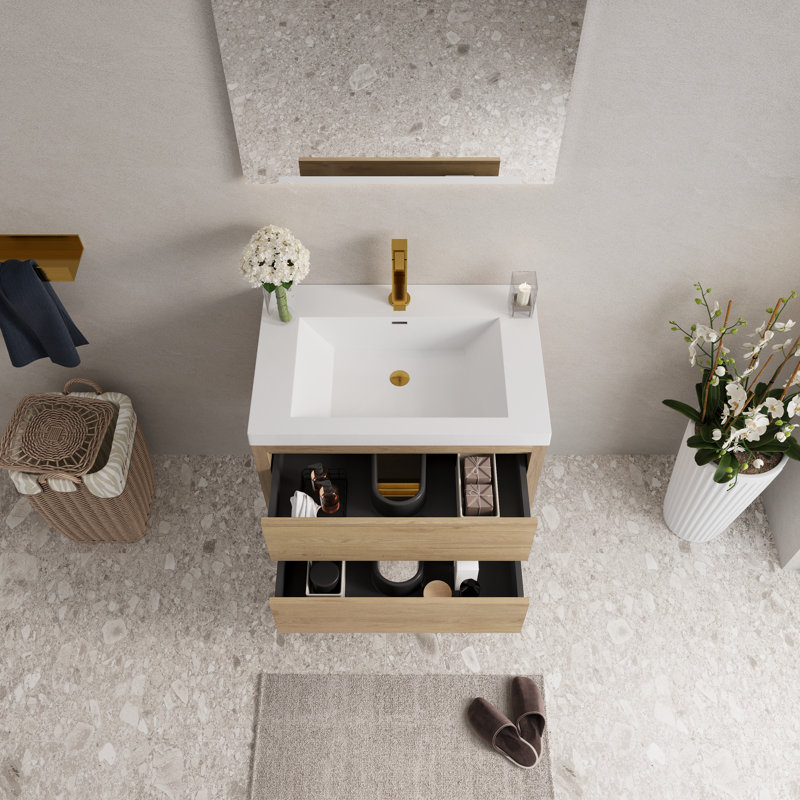 30" Wall-Mounted Bathroom Vanities Floating Single Vanity with Stone Resin Top Basin, 2 Soft Close Drawers, Natural Oak