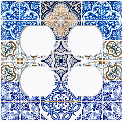 Metal Light Switch Plate Outlet Cover (Elegant Blue Tile Patch  - Double Duplex)