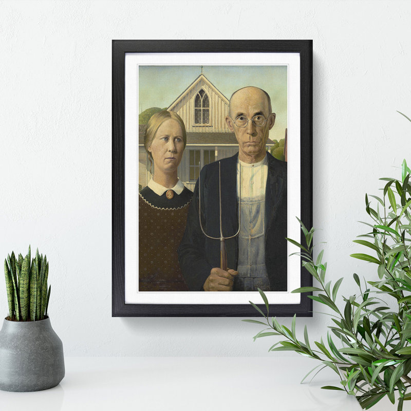 American Gothic by Grant Wood - Picture Frame Painting, Black Framed, 65cm H x 48cm W x 2cm D