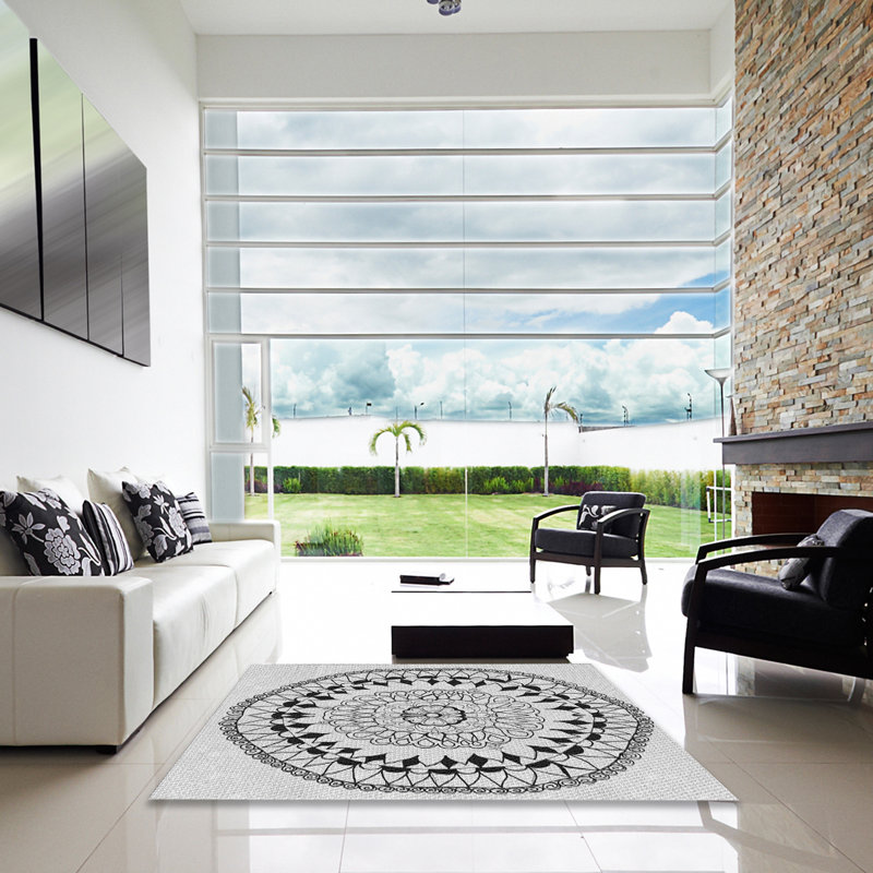 Tapis blanc/noir tissé à la machine, Carré 7 pi