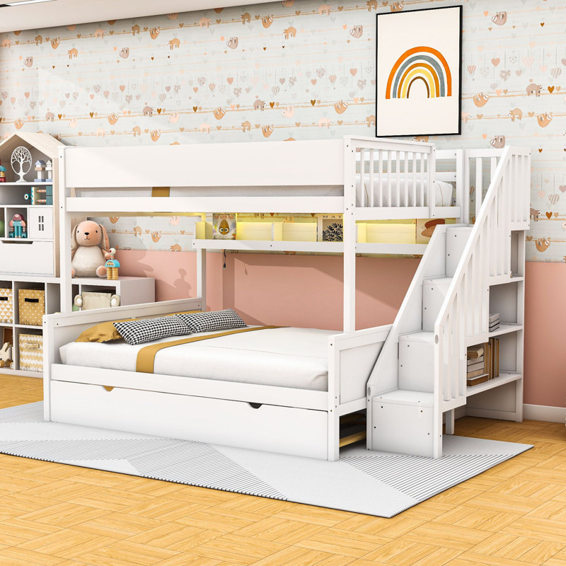 Full XL over Queen Bunk Bed with Storage Shelves and Staircase,Twin Trundle, White