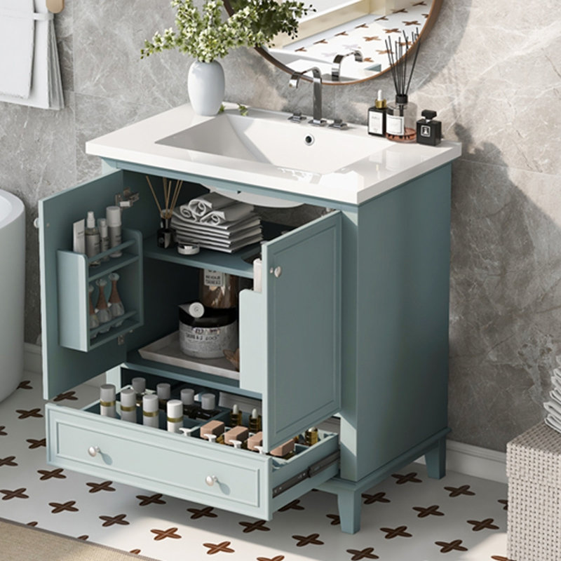 Meuble-lavabo 30 po avec lavabo, armoire de salle de bain multifonctionnelle avec portes et tiroir, structure solide et panneau de fibres à densité moyenne, vert