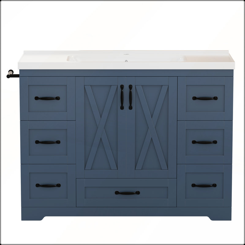 Meuble-lavabo autoportant de 48 po avec plateau en céramique, 7 tiroirs, portes à panneaux en X et barre à serviettes latérale bleu marine 48 po