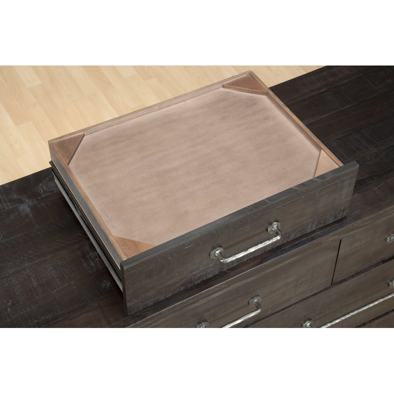 Commode double en bois massif à 7 tiroirs 62 po Duvall, Café / Robuste