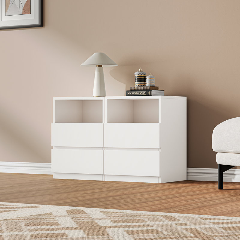 19.7"w White Nightstand With Storage, Wood Bedside Table With 2 Drawers And Open Shelf , Modern Small Dresser End Table For Bedroom And Living Room, Pack Of Two