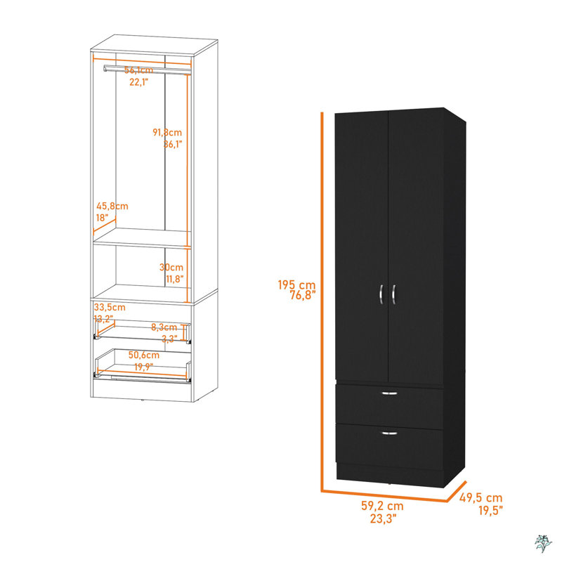Garde-robe 2 tiroirs 2 portes